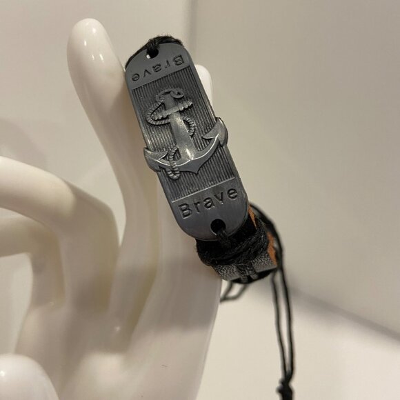 Handmade Leather Bracelet With Metal Anchor Plate "Brave" Design Adjustable - Picture 1 of 8